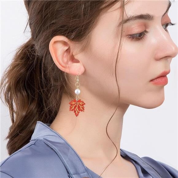 Long Maple Leaf Pearl Earrings | Elegant Fall Dangle Jewelry - Picture 3 of 6
